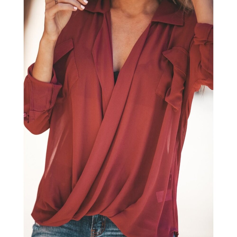 Vintage Romeo & Juliet Couture Silk Blend Burgundy Draped Surplice Sheer Blouse - Picture 2 of 16